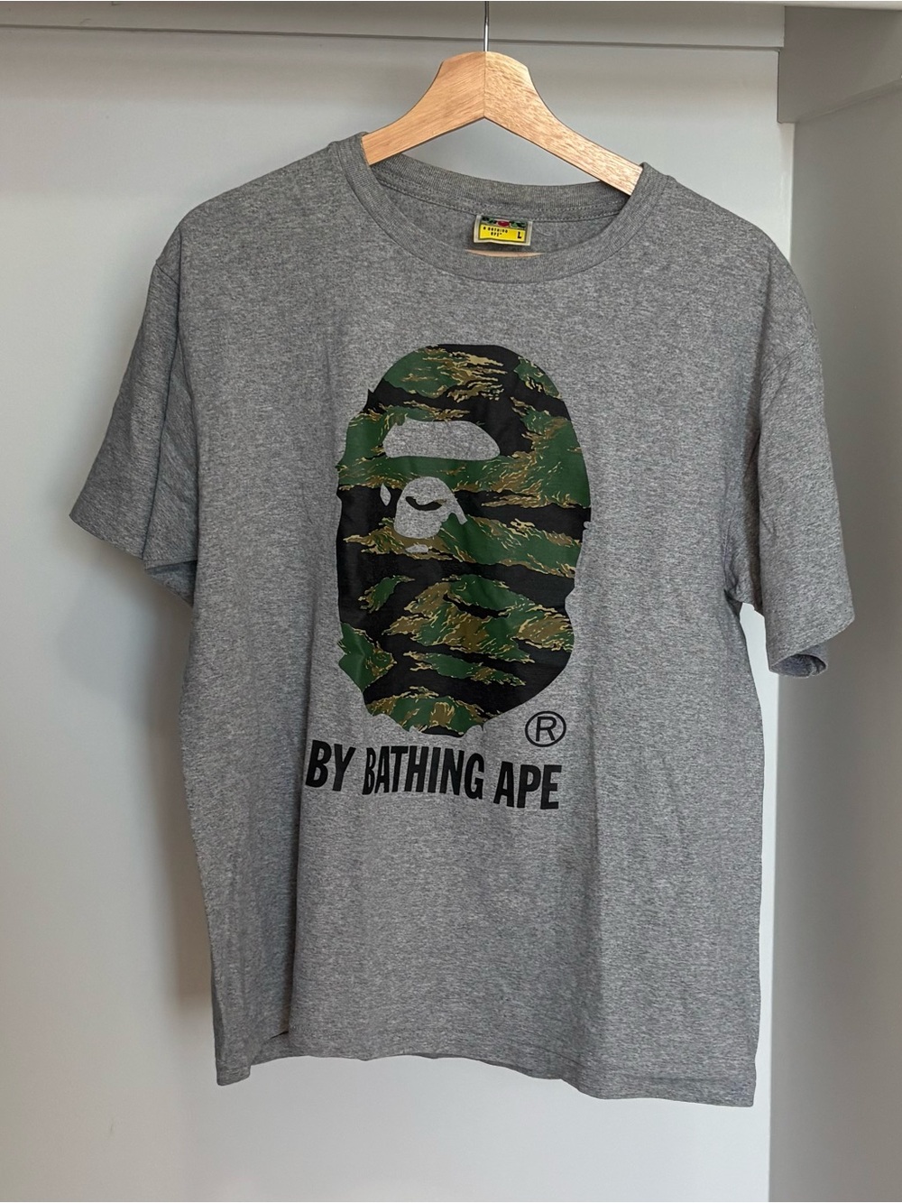 a bathing ape Gray Tee with Green Camo Ape Logo